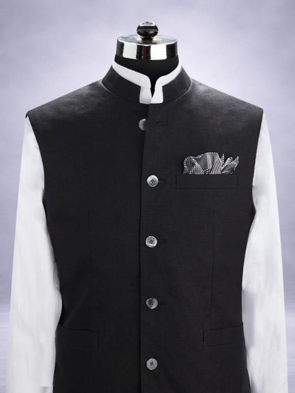 Positano Black Pure Linen Sleeveless Jodhpuri