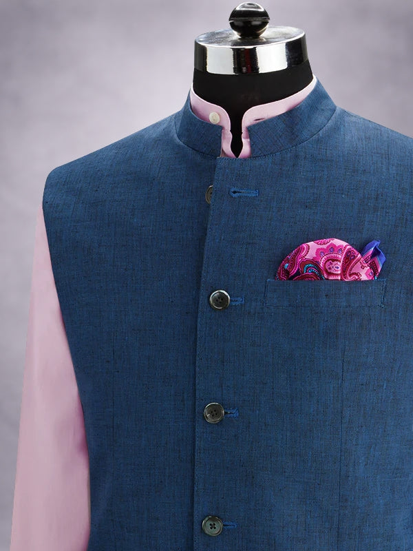 Positano Blue Pure Linen Sleeveless Jodhpuri
