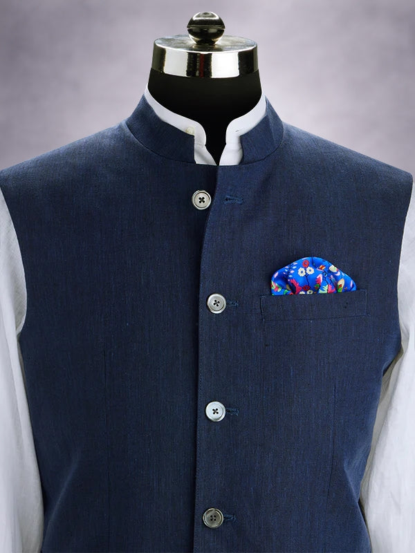 Positano Navy Pure Linen Sleeveless Jodhpuri