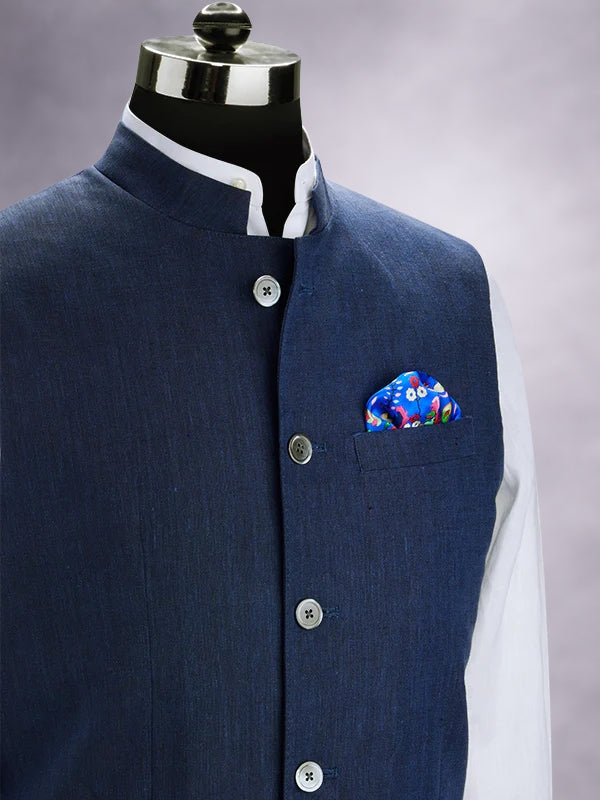 Positano Navy Pure Linen Sleeveless Jodhpuri