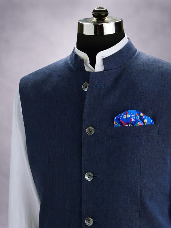 Positano Navy Pure Linen Sleeveless Jodhpuri