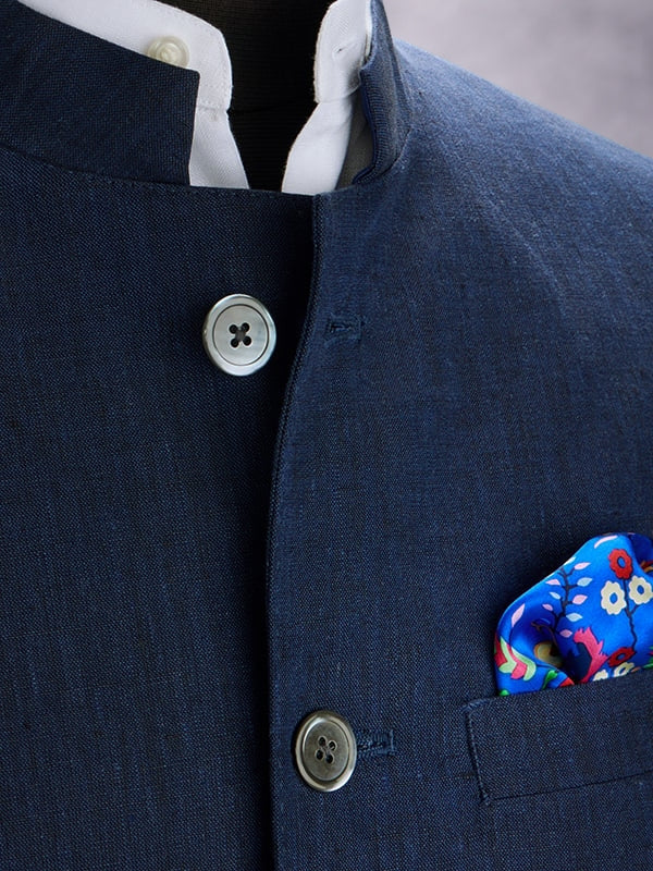 Positano Navy Pure Linen Sleeveless Jodhpuri