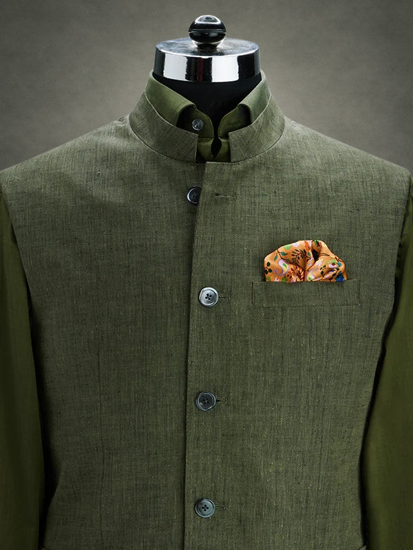 Positano Olive Pure Linen Sleeveless Jodhpuri