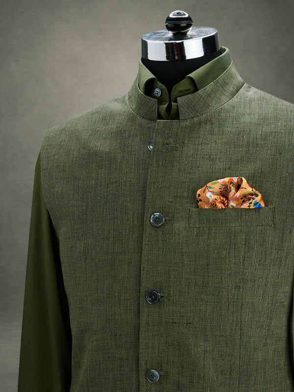 Positano Olive Pure Linen Sleeveless Jodhpuri