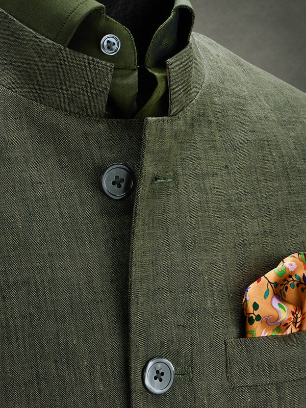 Positano Olive Pure Linen Sleeveless Jodhpuri