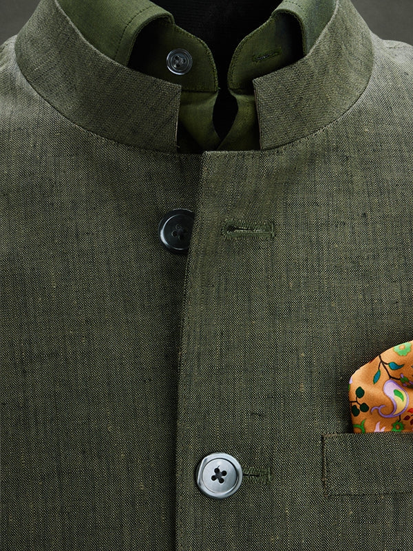 Positano Olive Pure Linen Sleeveless Jodhpuri