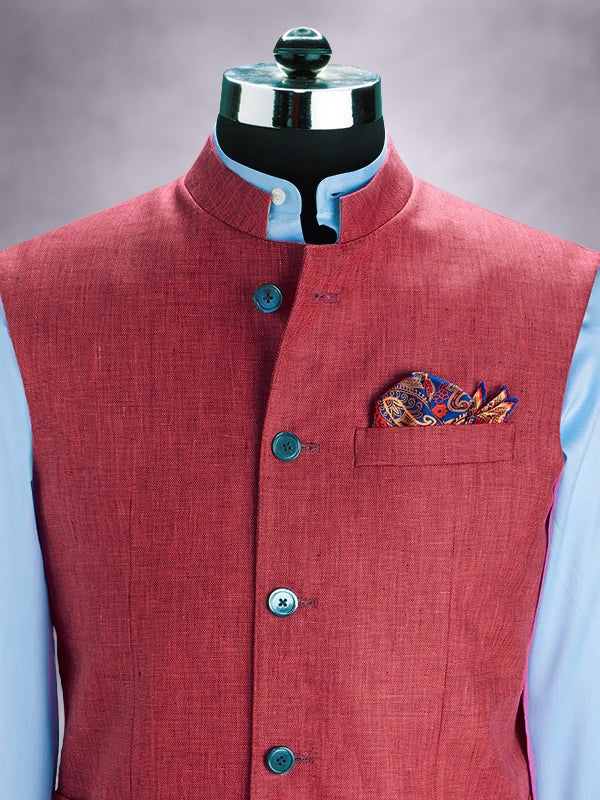 Positano Red Pure Linen Sleeveless Jodhpuri