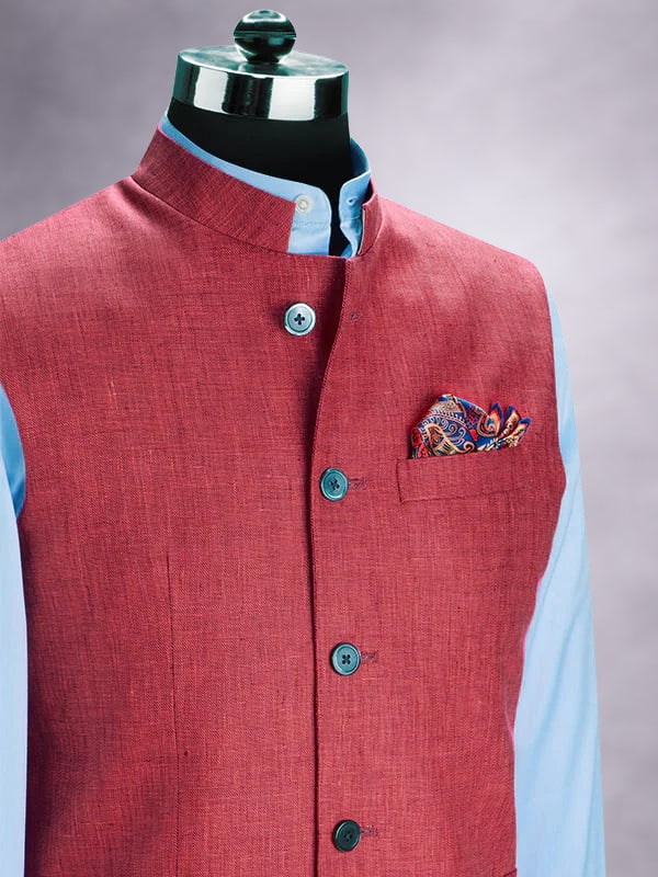 Positano Red Pure Linen Sleeveless Jodhpuri