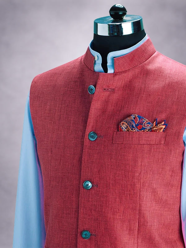 Positano Red Pure Linen Sleeveless Jodhpuri