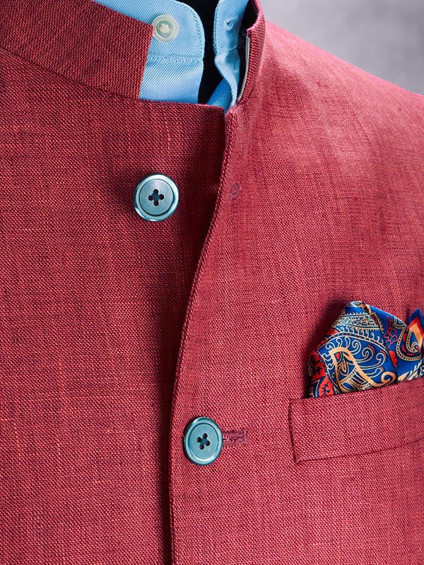 Positano Red Pure Linen Sleeveless Jodhpuri