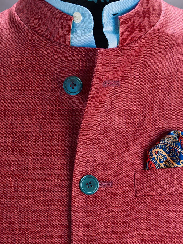 Positano Red Pure Linen Sleeveless Jodhpuri