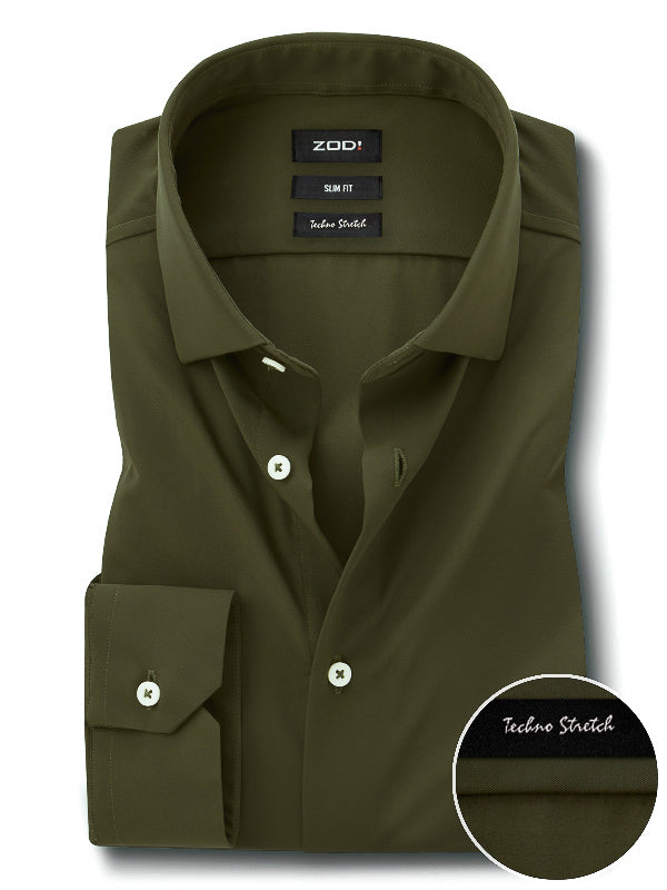 Beyer Olive Techno 4 Way Stretch Solid Full Sleeve Single Cuff Slim Fit Party Wear Blended Shirt