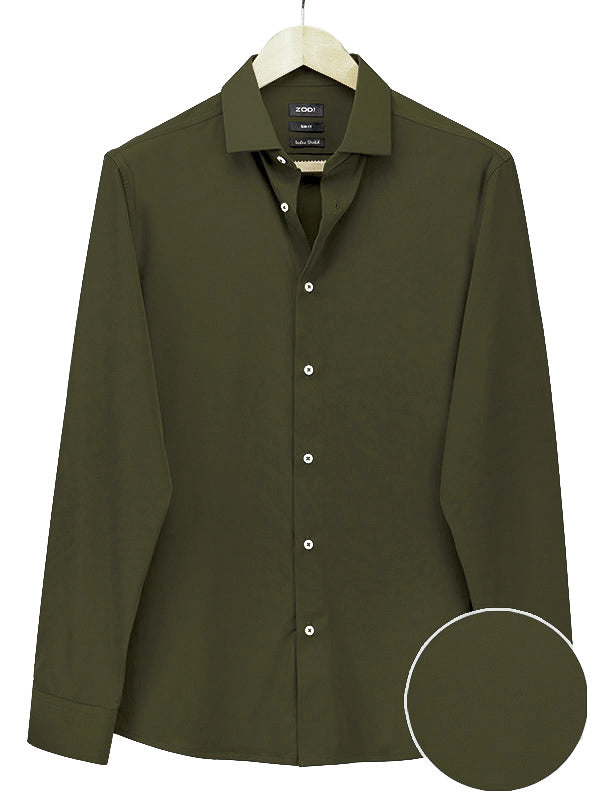 Beyer Olive Techno 4 Way Stretch Solid Full Sleeve Single Cuff Slim Fit Party Wear Blended Shirt