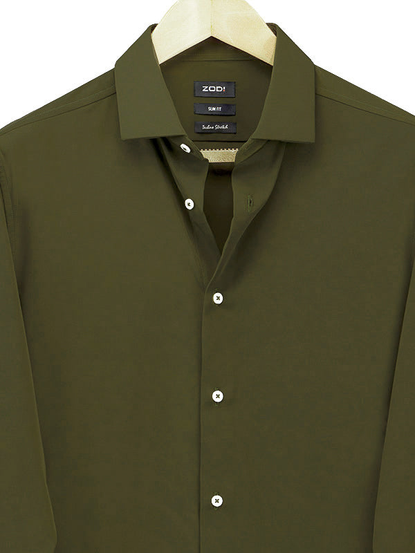 Beyer Olive Techno 4 Way Stretch Solid Full Sleeve Single Cuff Slim Fit Party Wear Blended Shirt