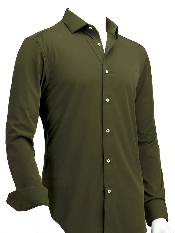 Beyer Olive Techno 4 Way Stretch Solid Full Sleeve Single Cuff Slim Fit Party Wear Blended Shirt