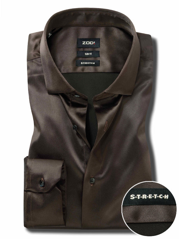 Pearce Brown High Gloss Satin Stretch Solid Full Sleeve Single Cuff Slim Fit Party Wear Blended Shirt