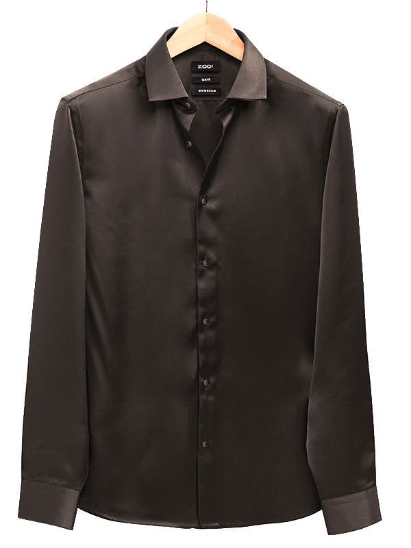 Pearce Brown High Gloss Satin Stretch Solid Full Sleeve Single Cuff Slim Fit Party Wear Blended Shirt