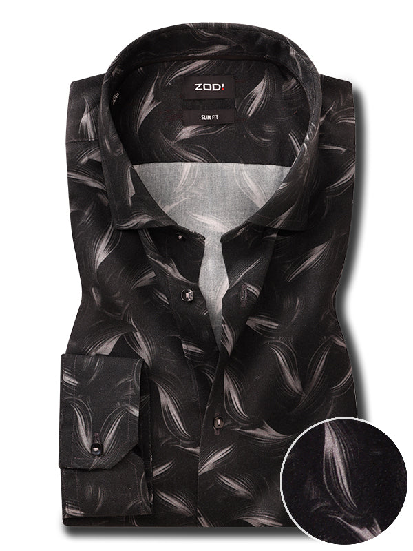 Silvano Black Printed Full Sleeve Single Cuff Slim Fit Party Wear Viscose Shirt