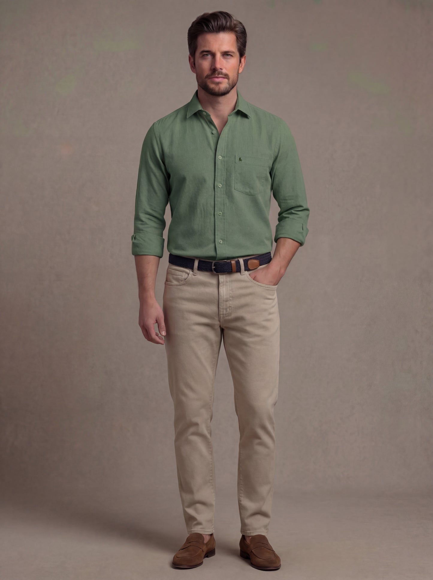 Starka Dobby Garment Dyed Olive Full Sleeve Tailored Fit Casual Cotton Shirt