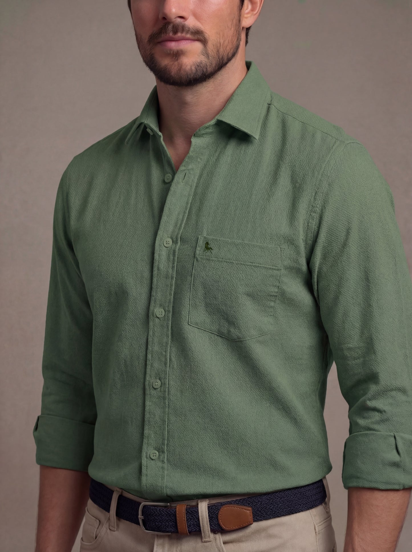 Starka Dobby Garment Dyed Olive Full Sleeve Tailored Fit Casual Cotton Shirt