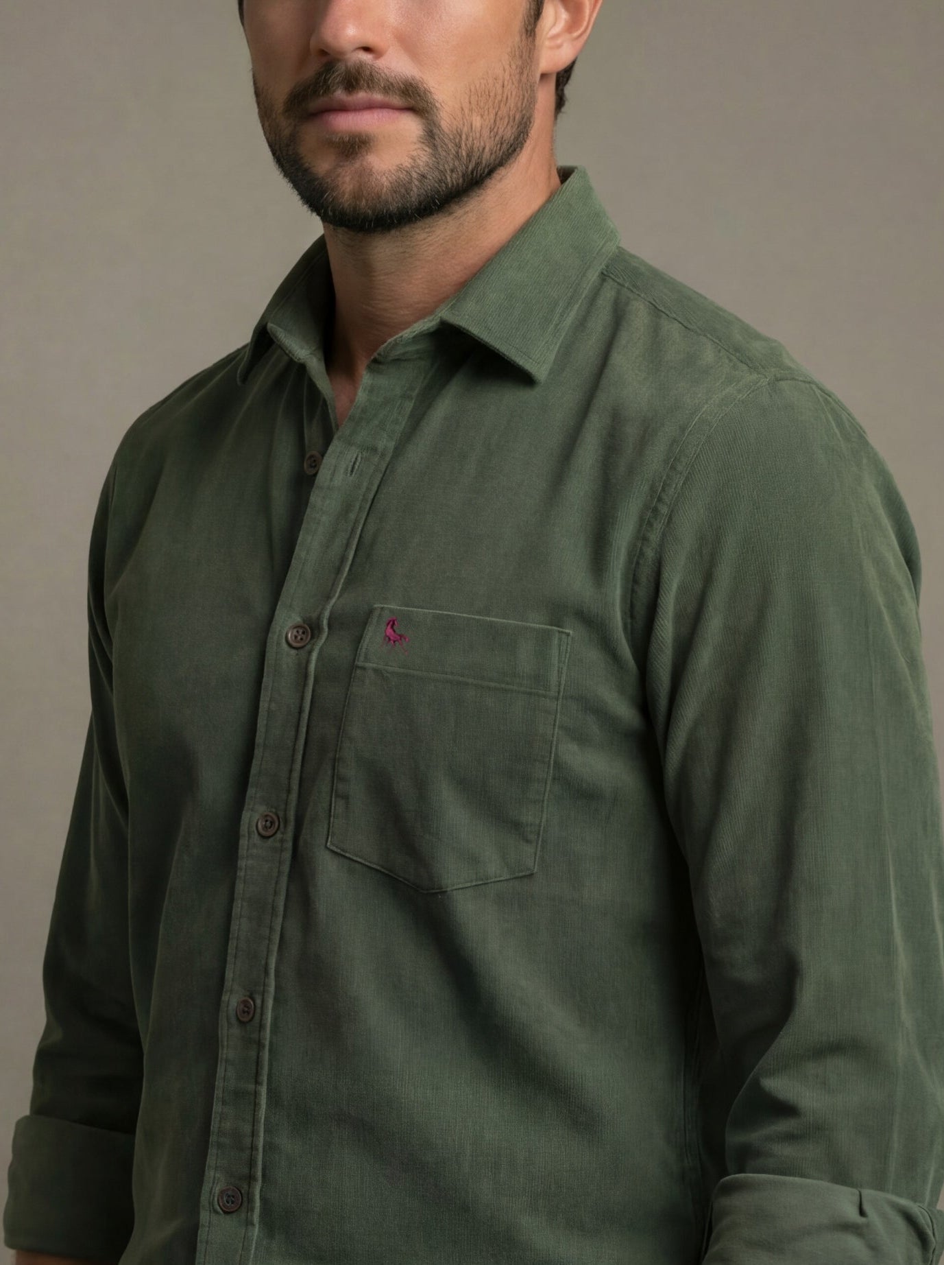 Detry Corduroy Garment Dyed Green Full Sleeve Tailored Fit Casual Cotton Shirt