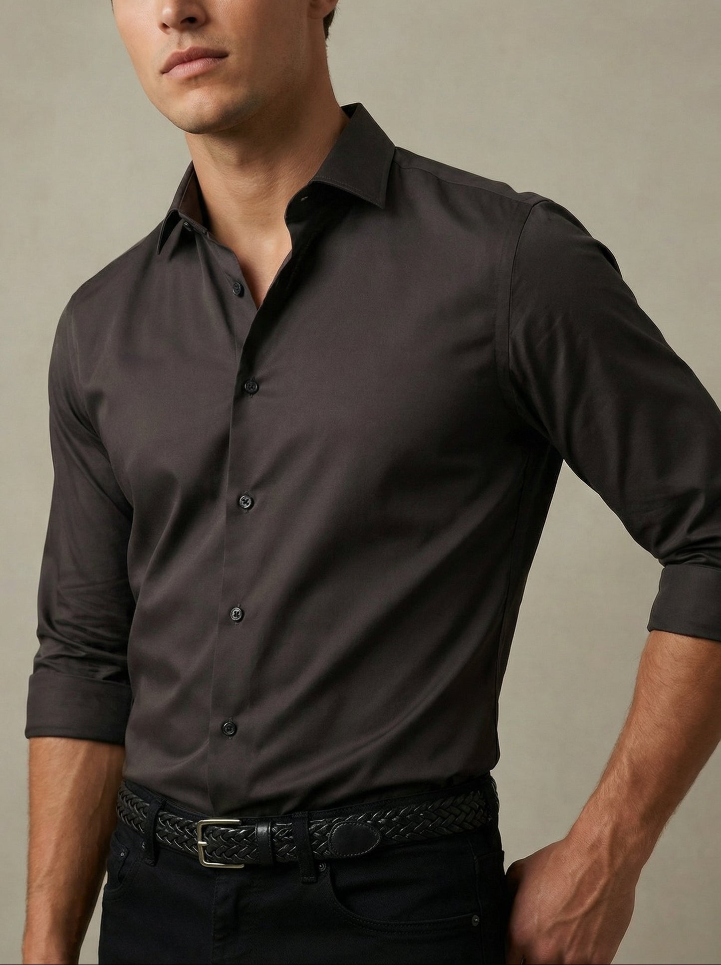 Verstappen Brown Solid â€œVelvet Touchâ€ Full Sleeve Single Cuff Slim Fit Party Wear Blended Shirt