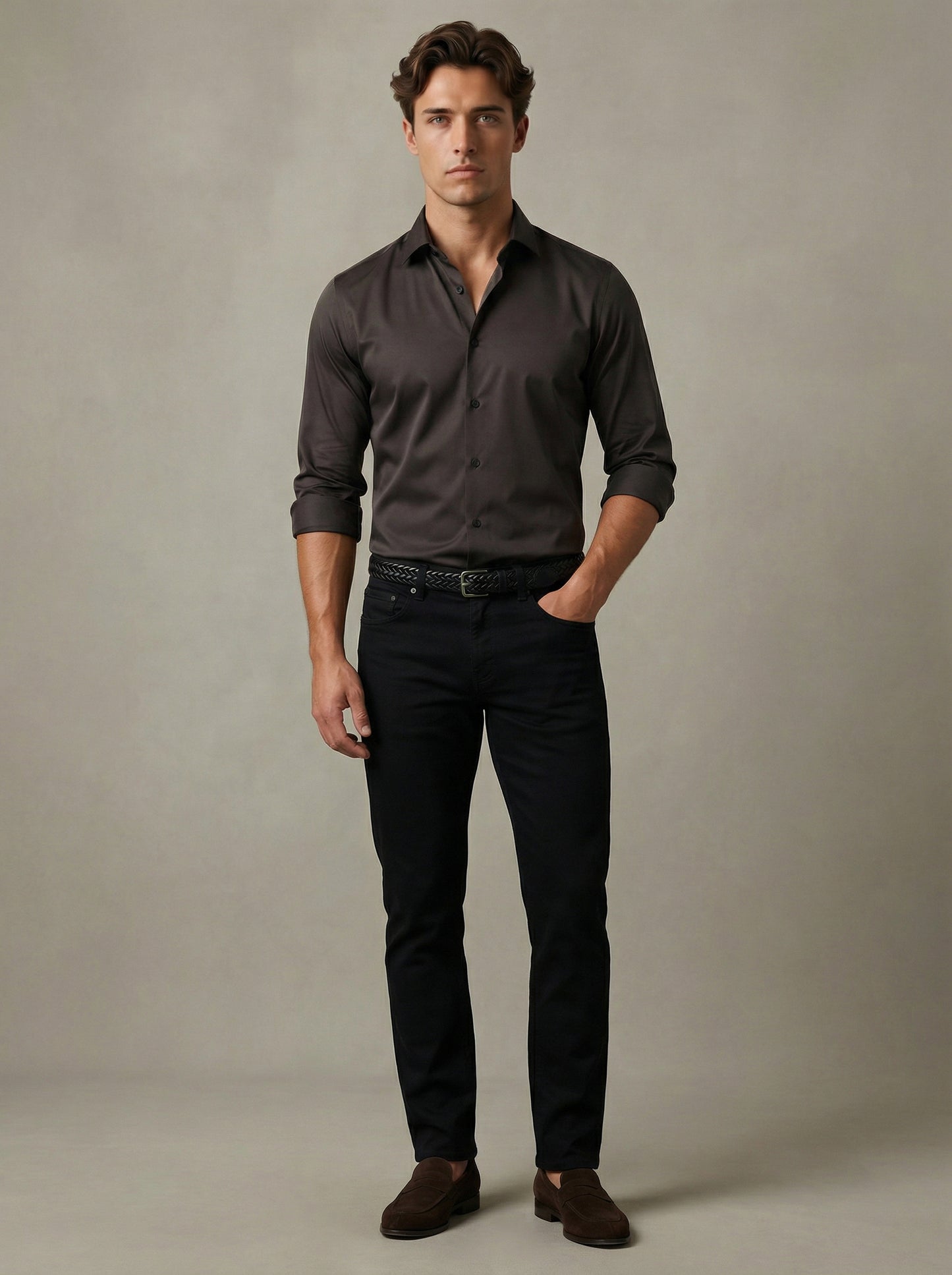 Verstappen Brown Solid â€œVelvet Touchâ€ Full Sleeve Single Cuff Slim Fit Party Wear Blended Shirt