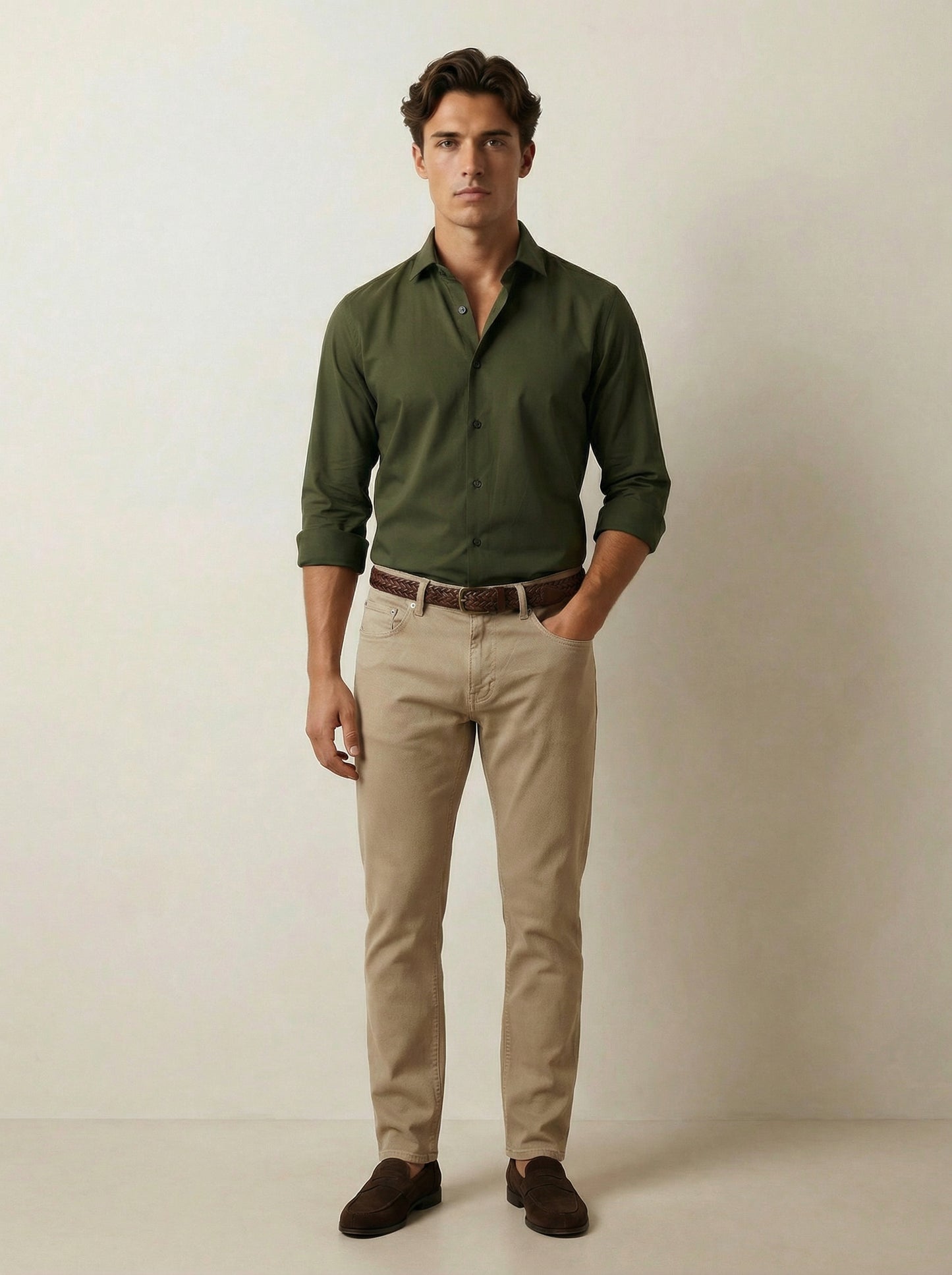Verstappen Olive Solid â€œVelvet Touchâ€ Full Sleeve Single Cuff Slim Fit Party Wear Blended Shirt
