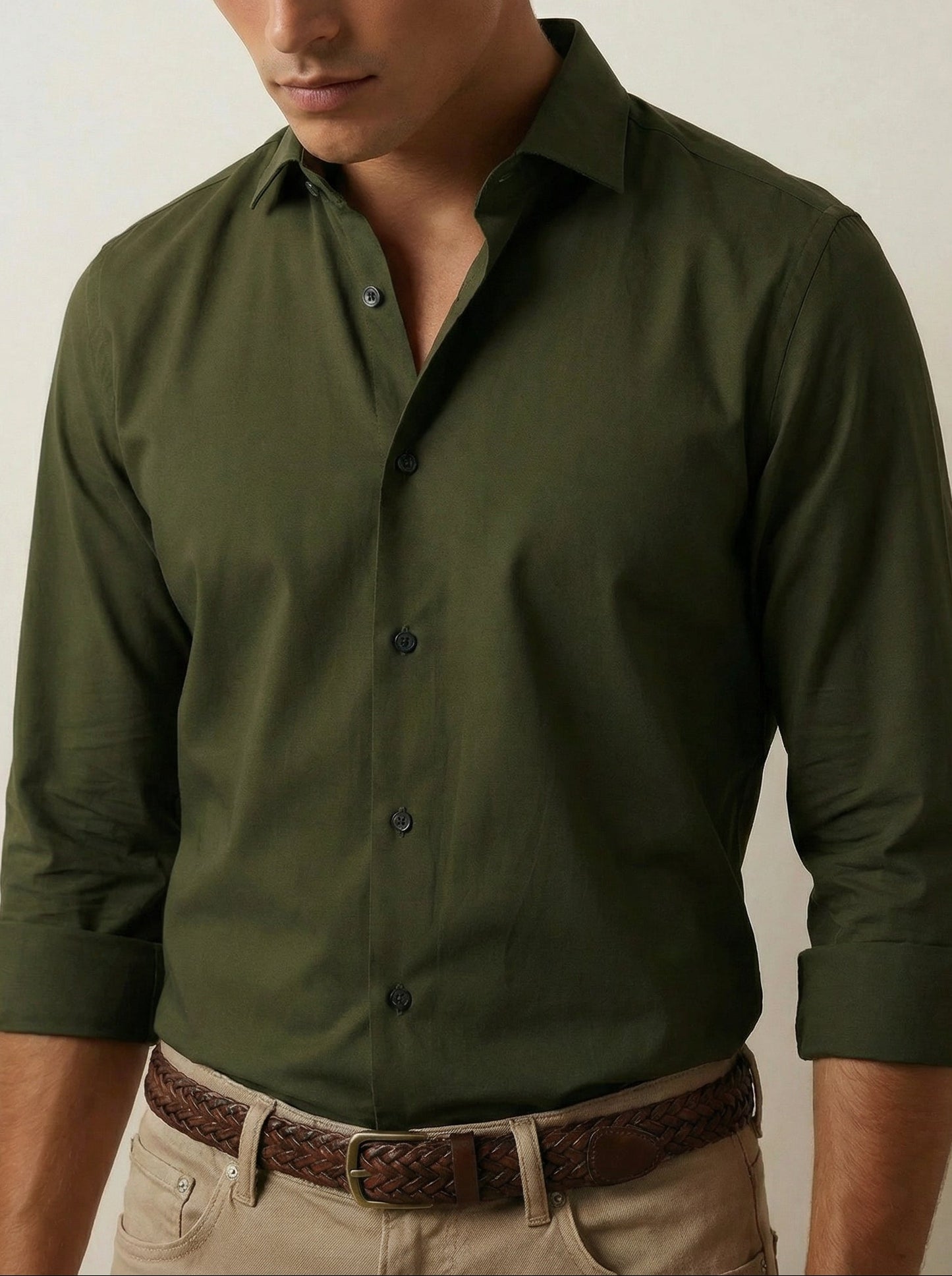 Verstappen Olive Solid â€œVelvet Touchâ€ Full Sleeve Single Cuff Slim Fit Party Wear Blended Shirt