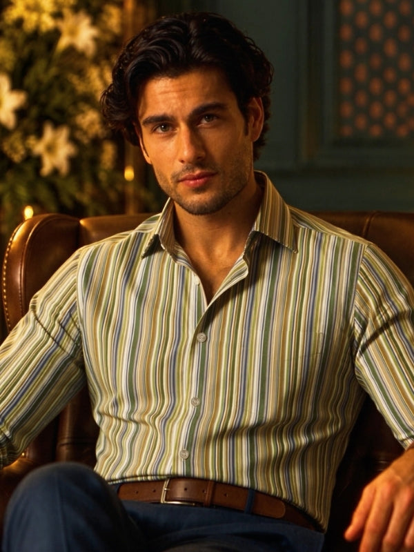 Vivace Olive Striped Full Sleeve Single Cuff Tailored Fit Semi Formal Silk Touch Egyptian Giza Cotton Shirt