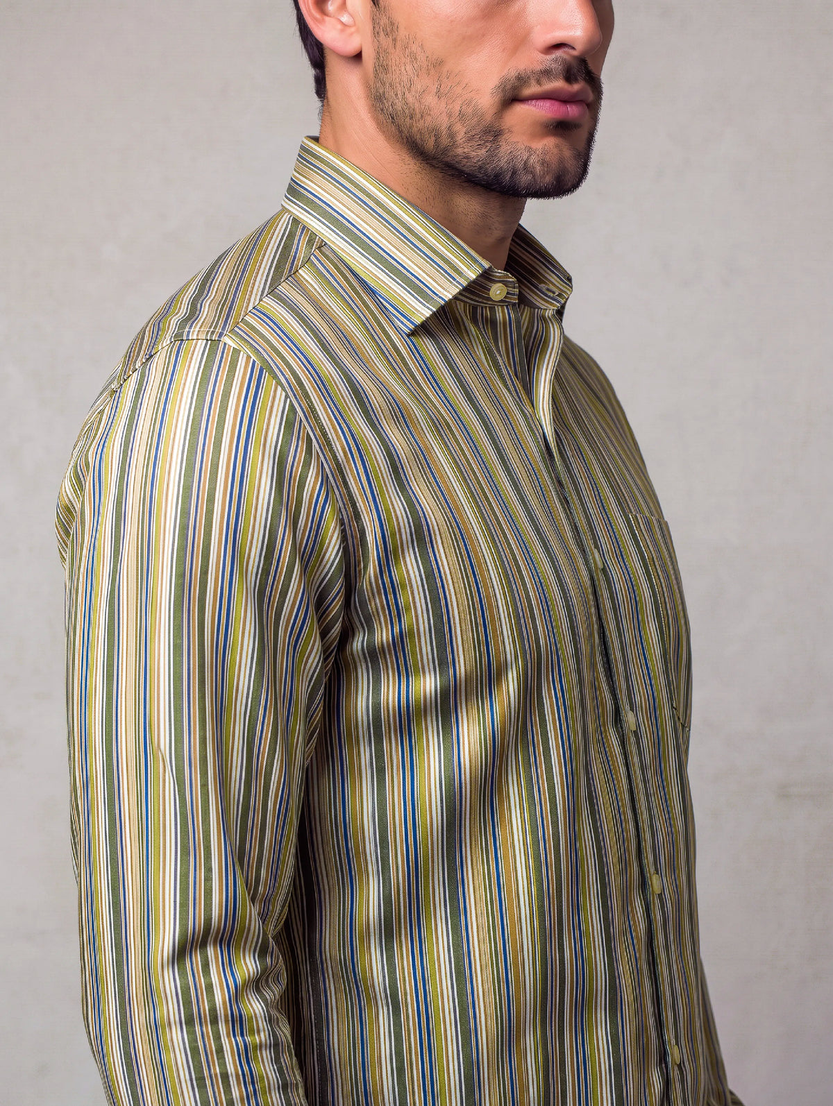 Vivace Olive Striped Full Sleeve Single Cuff Tailored Fit Semi Formal Silk Touch Egyptian Giza Cotton Shirt