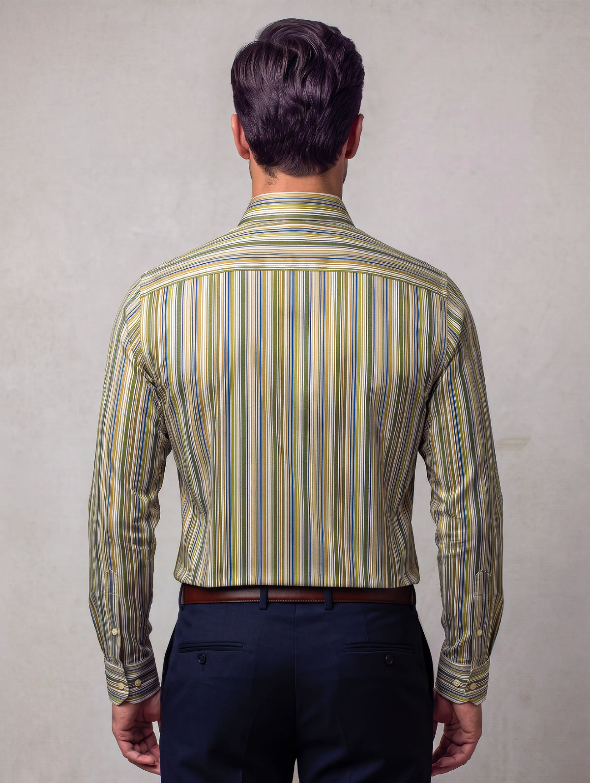 Vivace Olive Striped Full Sleeve Single Cuff Tailored Fit Semi Formal Silk Touch Egyptian Giza Cotton Shirt