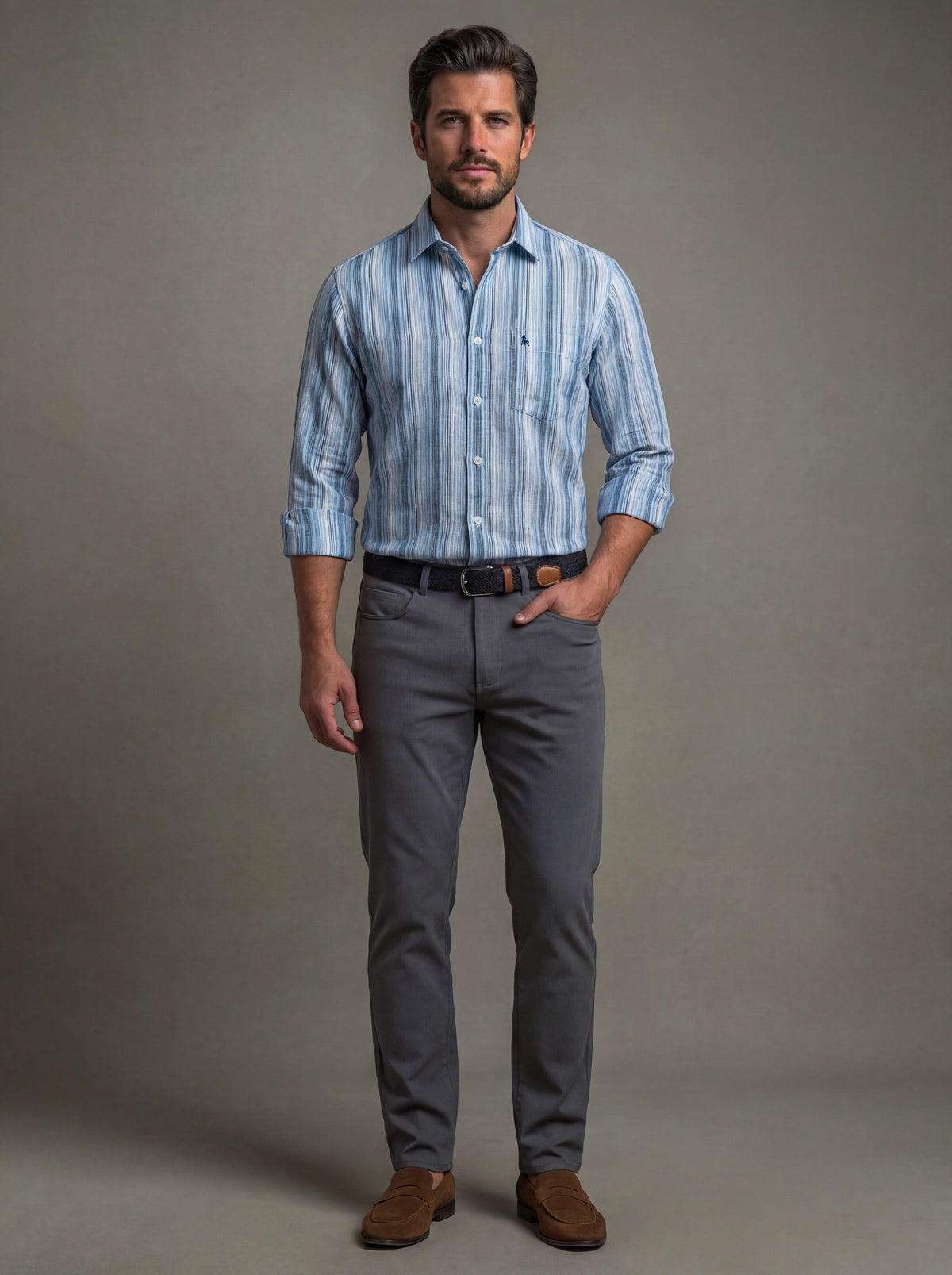 Xander Slub Blue Striped Full Sleeve Tailored Fit Casual Cotton Shirt
