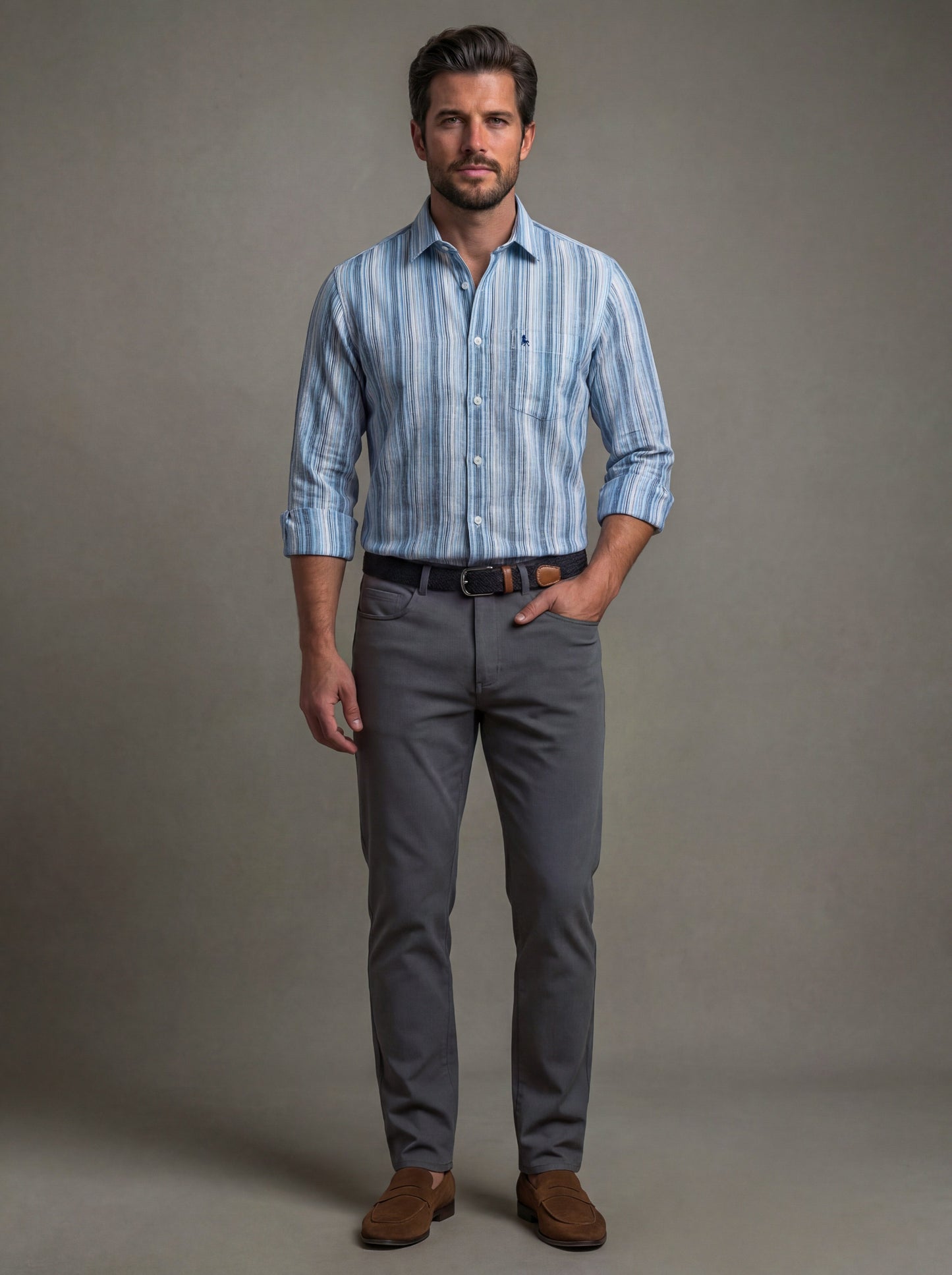 Xander Slub Blue Striped Full Sleeve Tailored Fit Casual Cotton Shirt