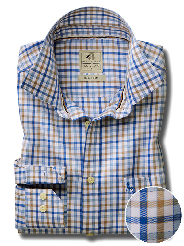 Dominik Twill Beige Check Full Sleeve Tailored Fit Casual Cotton Shirt