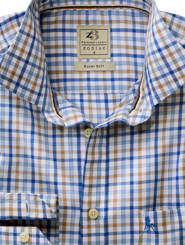 Dominik Twill Beige Check Full Sleeve Tailored Fit Casual Cotton Shirt
