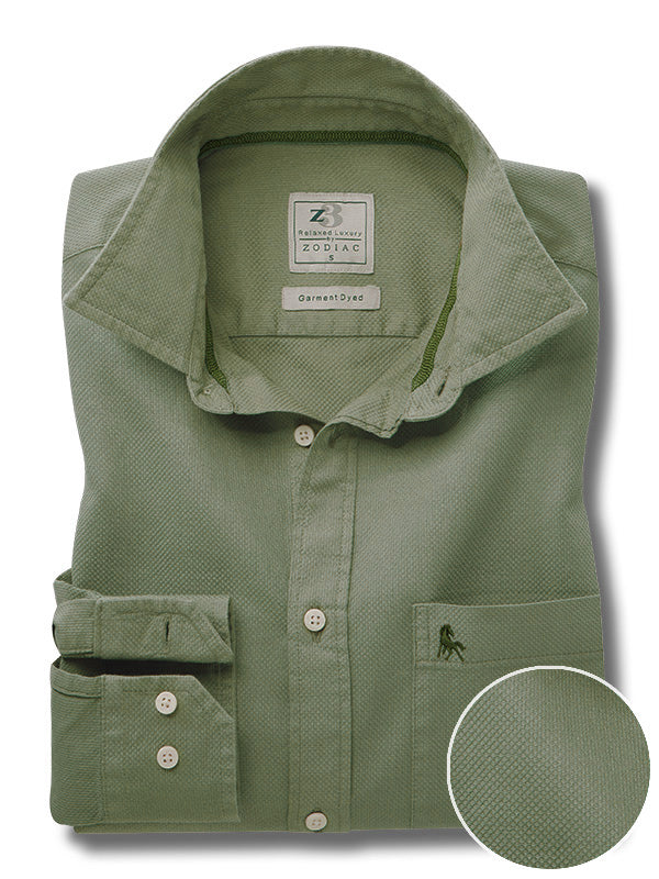 Starka Dobby Garment Dyed Olive Full Sleeve Tailored Fit Casual Cotton Shirt