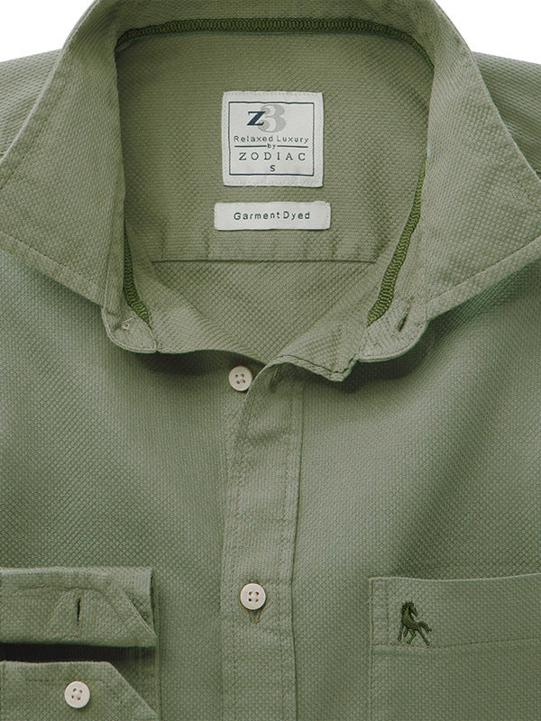 Starka Dobby Garment Dyed Olive Full Sleeve Tailored Fit Casual Cotton Shirt