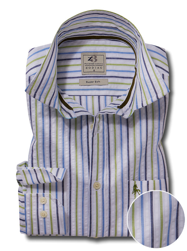 Wirtz Seersucker Olive Striped Full Sleeve Tailored Fit Casual Cotton Shirt