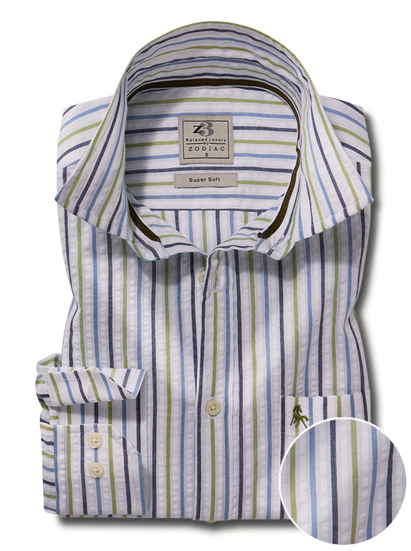 Wirtz Seersucker Olive Striped Full Sleeve Tailored Fit Casual Cotton Shirt