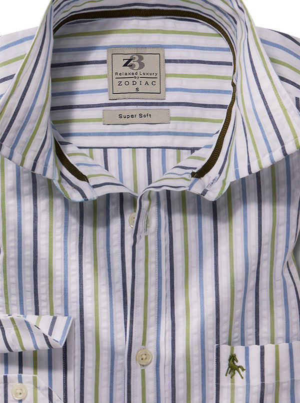 Wirtz Seersucker Olive Striped Full Sleeve Tailored Fit Casual Cotton Shirt