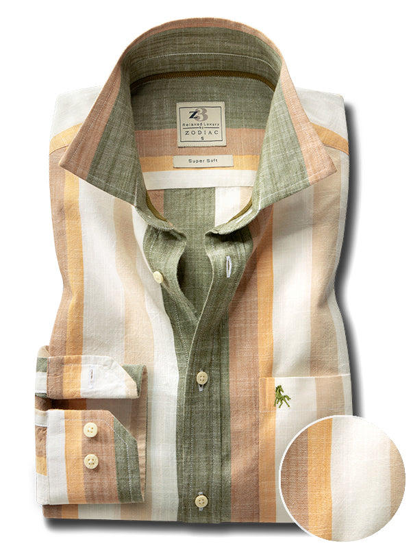 Giggs Slub Olive Striped Full Sleeve Tailored Fit Casual Cotton Shirt