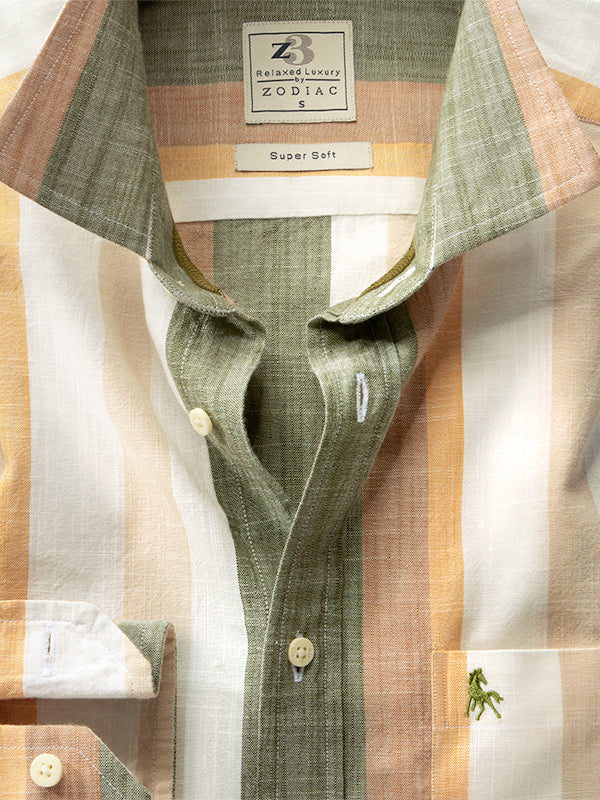 Giggs Slub Olive Striped Full Sleeve Tailored Fit Casual Cotton Shirt
