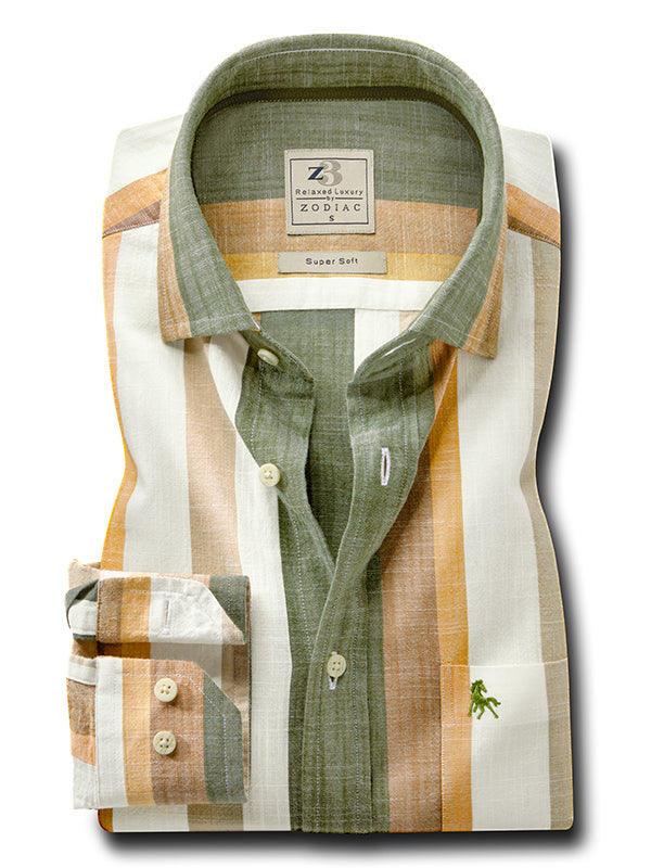 Giggs Slub Olive Striped Full Sleeve Tailored Fit Casual Cotton Shirt