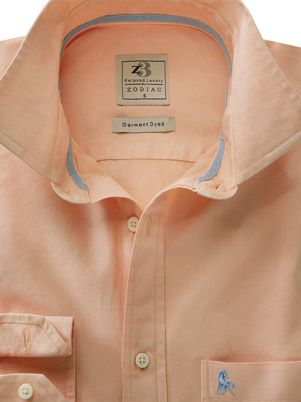 Diaz Oxford Garment Dyed Orange Solid Full Sleeve Tailored Fit Casual Cotton Shirt