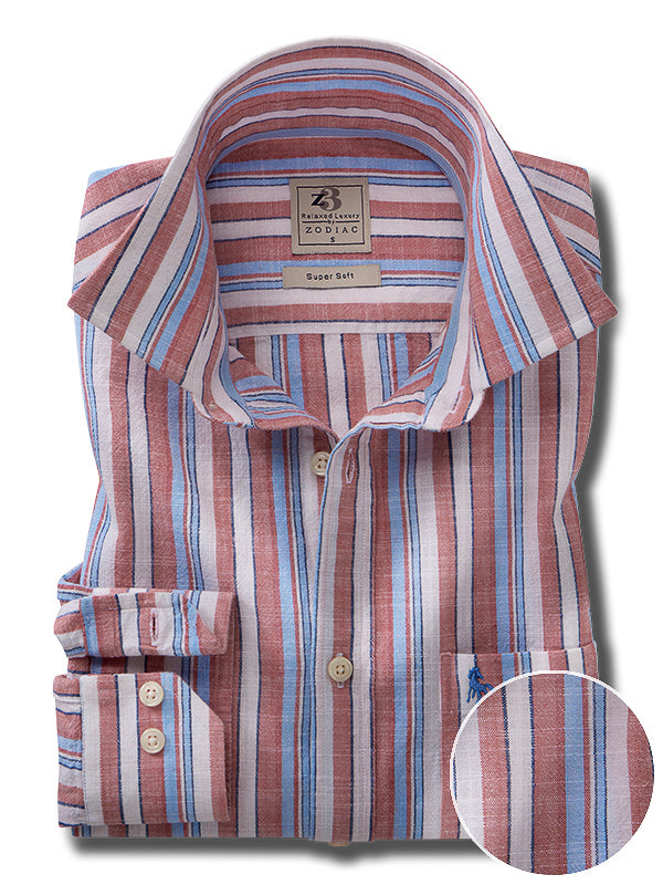 Saka Slub Rust Striped Full Sleeve Tailored Fit Casual Cotton Shirt