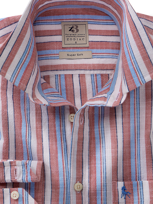 Saka Slub Rust Striped Full Sleeve Tailored Fit Casual Cotton Shirt