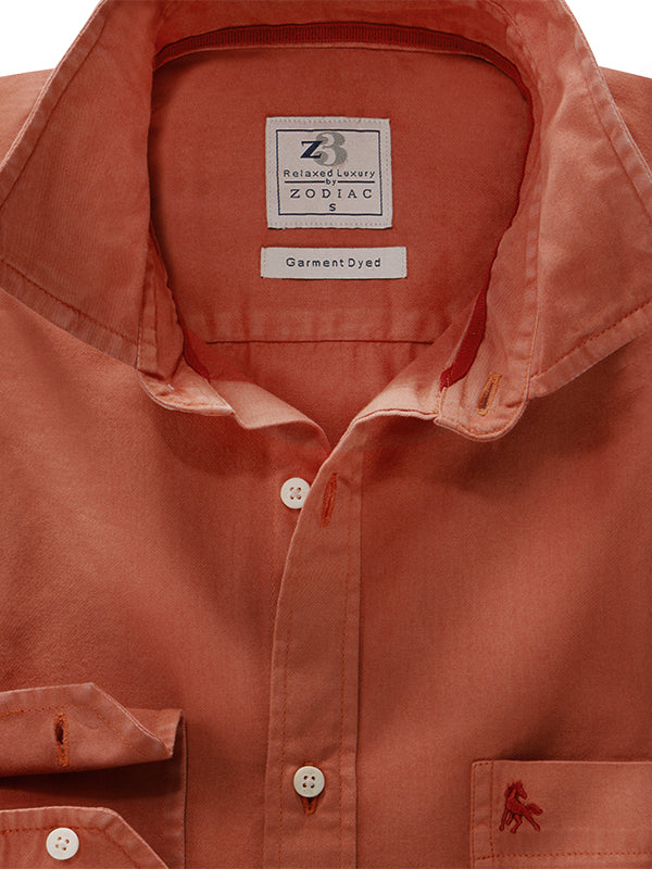 Enzo Twill Garment Dyed Rust Solid Full Sleeve Tailored Fit Casual Cotton Shirt