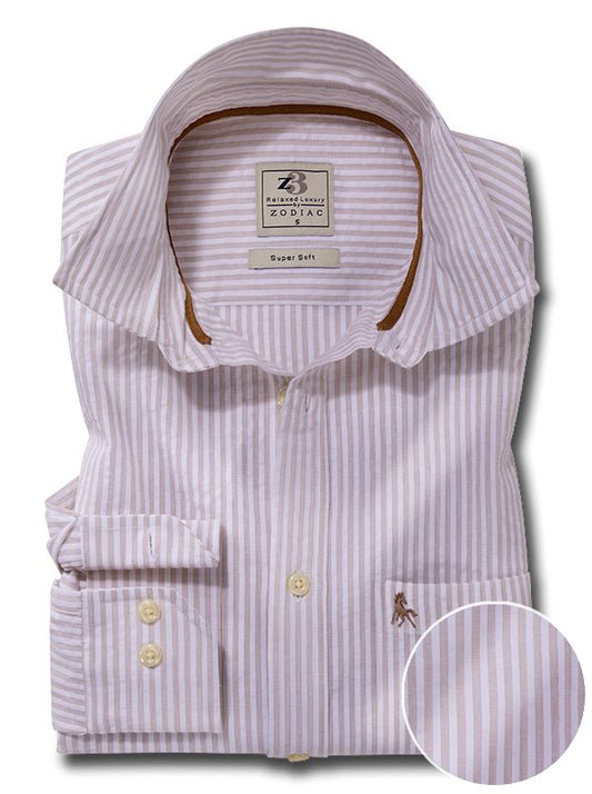 Yamal Seersucker Sand Striped Full Sleeve Tailored Fit Casual Cotton Shirt