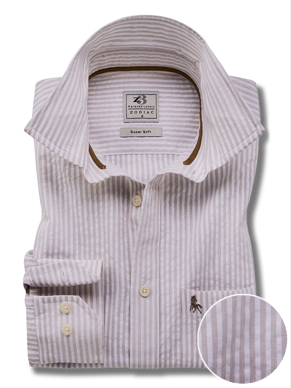 Yamal Seersucker Sand Striped Full Sleeve Tailored Fit Casual Cotton Shirt